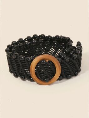 Black Beaded Macramé Belt with Wooden Accent
